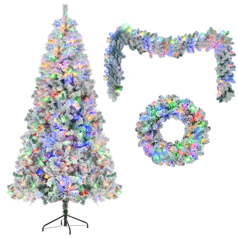 Pre-Lit Snow Flocked Tree Set - Tree + Garland + Wreath, Colorful LED Lights, Pine Cones - White+Green