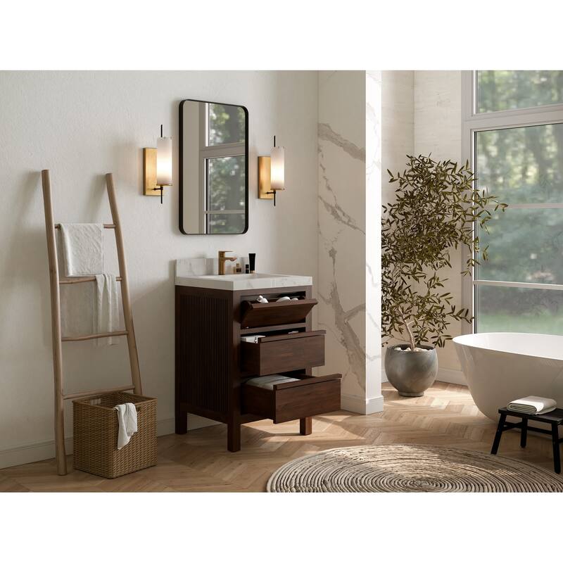 Willow Collections 24 x 22 Elizabeth Teak Single Bowl Sink Bathroom Vanity with Quartz or Marble Countertop