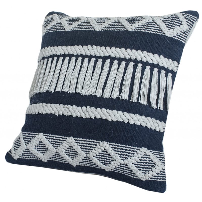 HomeRoots 20" X 20" Blue And Ivory 100% Cotton Geometric Zippered Pillow