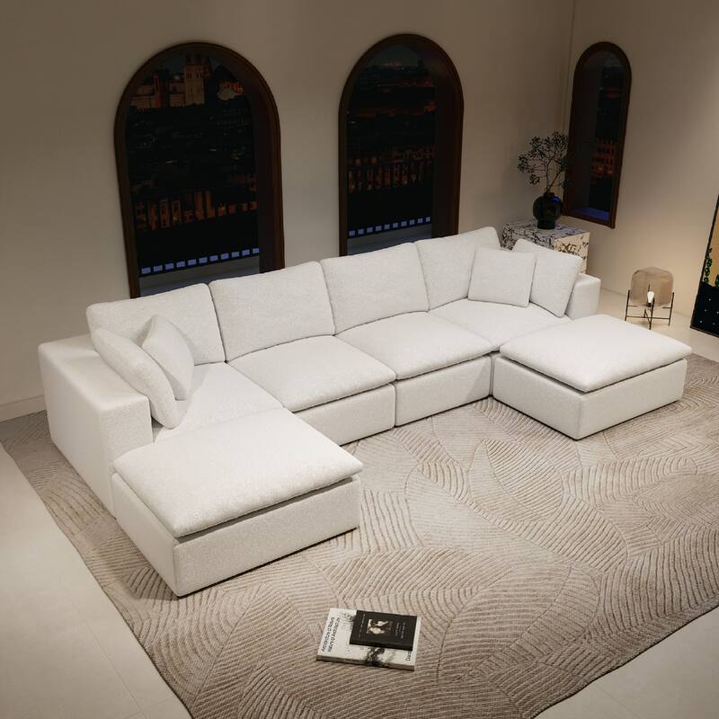 Roomfitters 137.8" Modular Sectional Sofa, 5-Piece Compressed Cloud Couch, No Assembly, Plush Corduroy, White