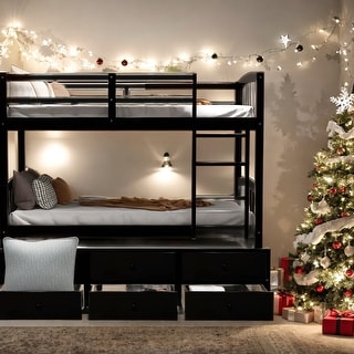 Twin Bunk Bed with Ladder, Safety Rail, Twin Trundle Bed with 3 Drawers for Teens Bedroom, Guest Room Furniture