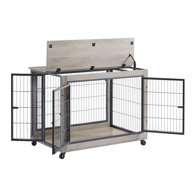 Furniture Style Dog Crate Side Table on Wheels with Double Doors and Lift Top,Grey,38.58''w x 25.5''d x 27.36''h