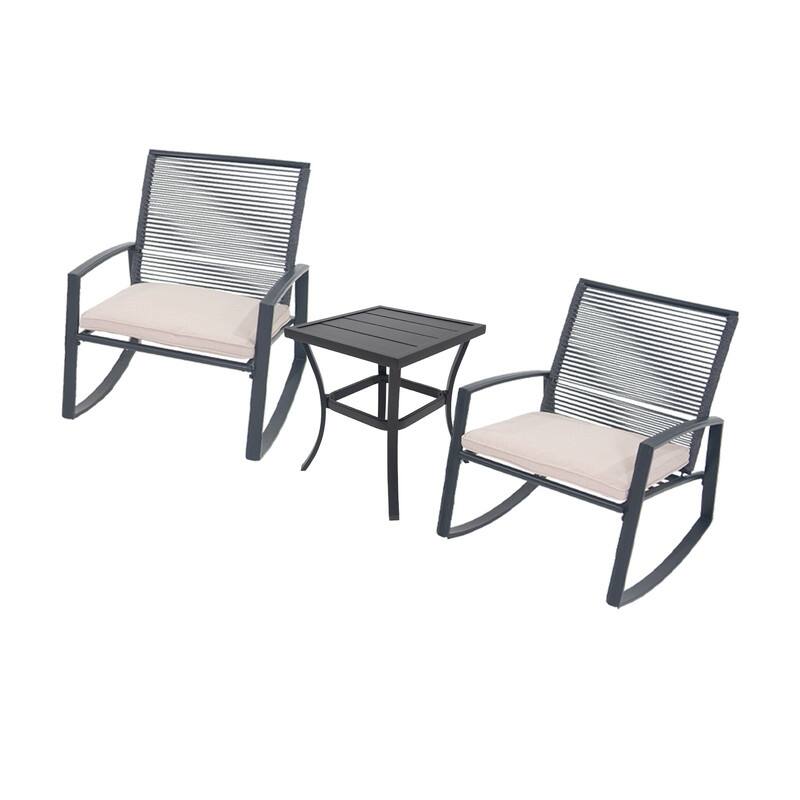 Domi Outdoor 3-Piece Wicker Rocking Chair Set, Patio Conversation Set with Removable Textilene Cushions & Metal Coffee Table