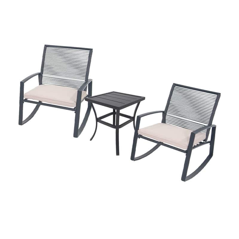 Domi Outdoor 3-Piece Wicker Rocking Chair Set, Patio Conversation Set with Removable Textilene Cushions & Metal Coffee Table