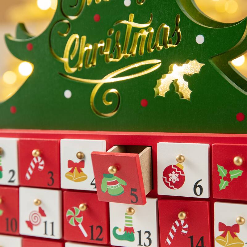 Glitzhome 15.25"H Lighted Wooden Christmas Tree Advent Calendar Decor - Multicolor
