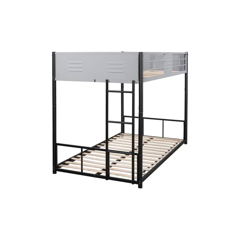Durable Twin Over Twin Metal Bunk Bed with Vent Board Guardrails, Noise-Free Wood Slats, and Safety Ladder