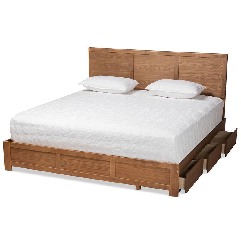 Aras Ash Walnut Brown Wood King Size 3-Drawer Platform Storage Bed