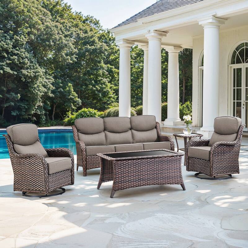 Gymojoy 5-Piece Patio Furniture Set with Swivel Glider Chairs, 6-Inch Ultra-Plush Cushions & Water-Resistant Olefin Fabric - Brown Wicker / Grey Cusion - 5-Piece