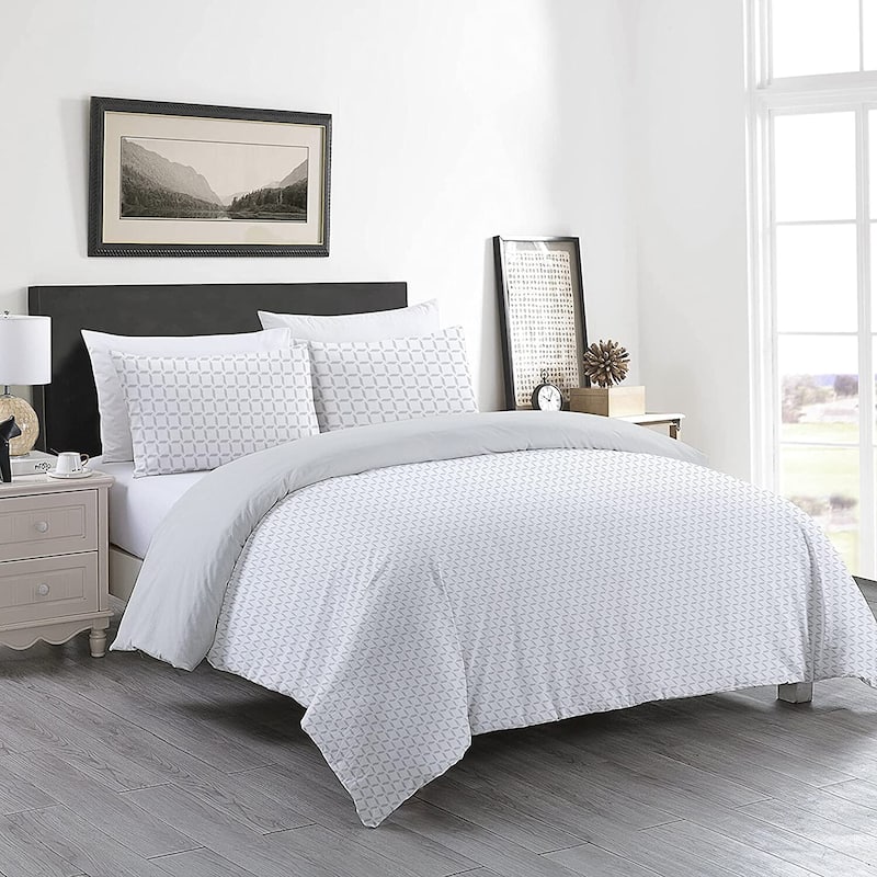 Delara GOTS Certified 100% Organic Cotton Check Reversible Print Duvet Cover and Sham Set of 2, White/Grey