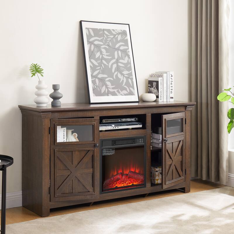 Fireplace TV Stand Media Console 2 Doors Cabinet with 18" Fireplace