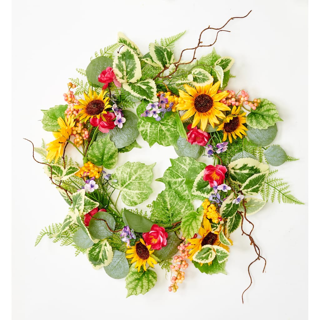22" Artificial Sunflower, Berries and Leaves Wreath - 22