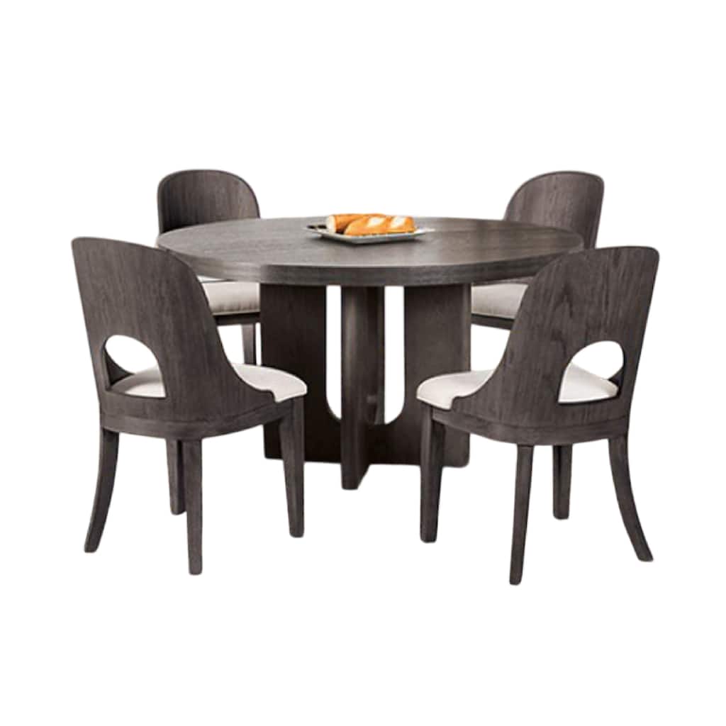 Zoko 5pc Round Dining Table Set, White Polyester Chairs, Ash Gray Wood