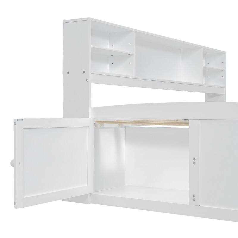 Wood Full Size Daybed with 2 Bedside Cabinets, Upper Shelves and 4 Drawers