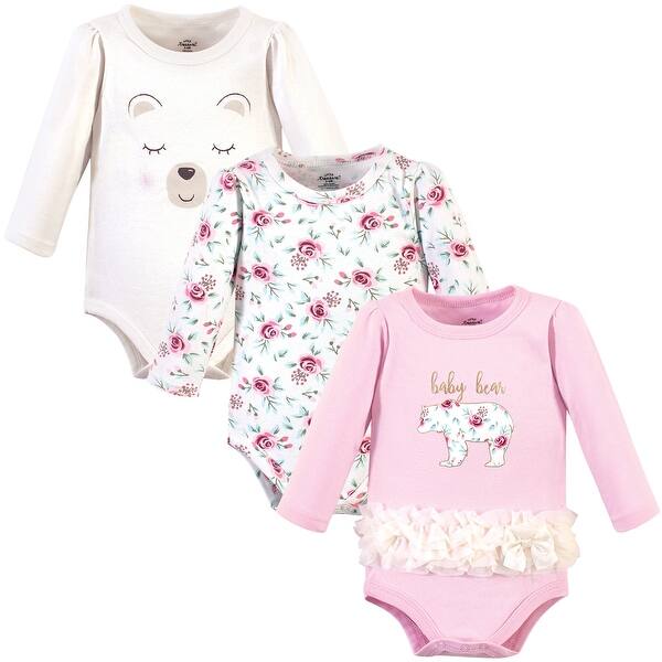 slide 1 of 1, Little Treasure Baby Girl Cotton Long-Sleeve Bodysuits 3pk, Floral Baby Bear 0-3 Months - Floral Baby Bear 3-Pack