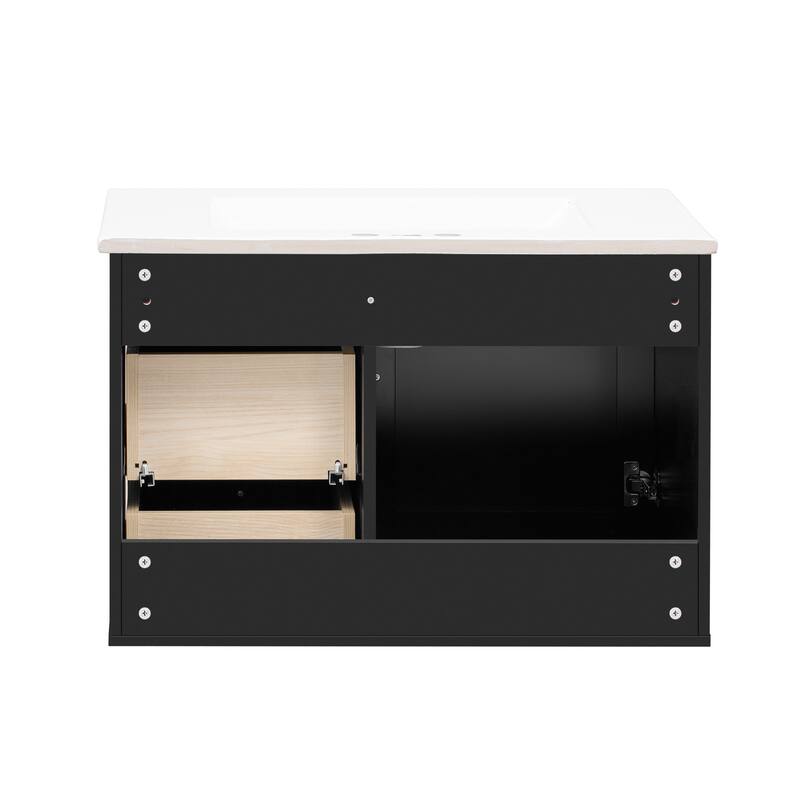 Floating Storage Cabinet with Rattan Accents Bathroom Vanity with Ceramic Sink, 2 Full-Extension Drawers and Soft-Close Hinges