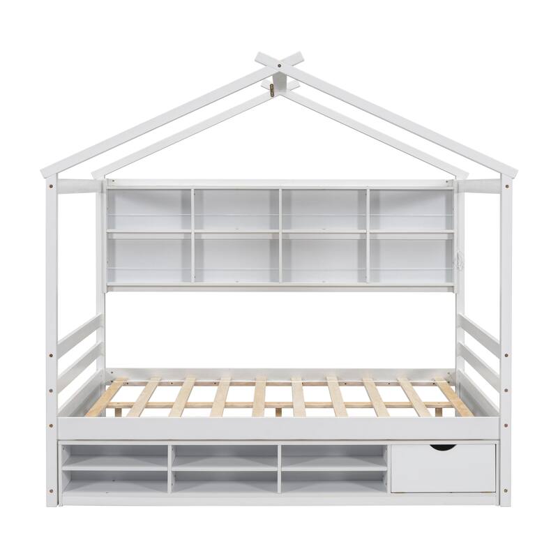 Full House Bed with Roof Frame, Bedside-shelves, Under Bed Storage Unit