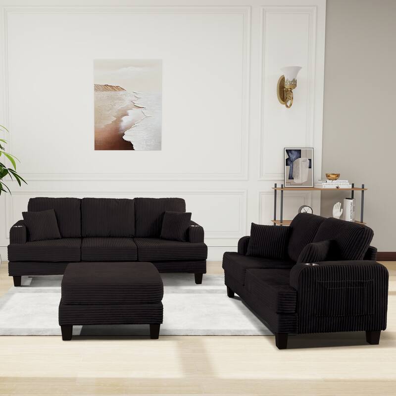 Modern Fabric 3-piece Sectional Sofa Set with Loveseat and Storage Ottoman - Black