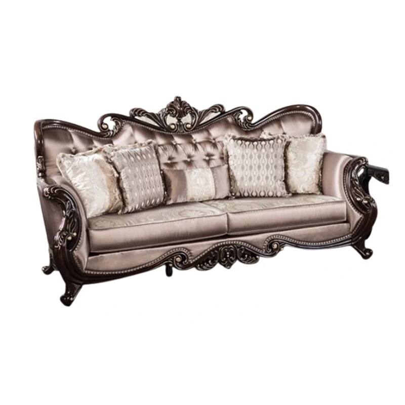 Aboi Sofa w 5 Pillows, Brown Velvet, Carved Dark Cherry Wood, 95 Inch