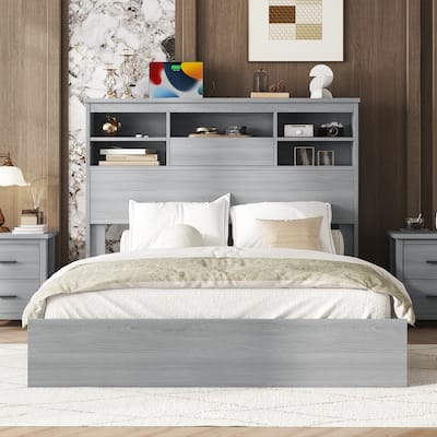 Wood Platform Bed Frame, 2 USB Ports & 2 Sockets on Storage Headboard Bookcase Bed, Panel Bed Bedroom