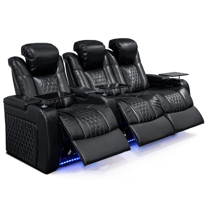 Roomfitters 93.3" Power Recliner 3-Piece Set, Top-Grain Nappa Leather, 17-Color RGB LED & USB-C Charging, Black