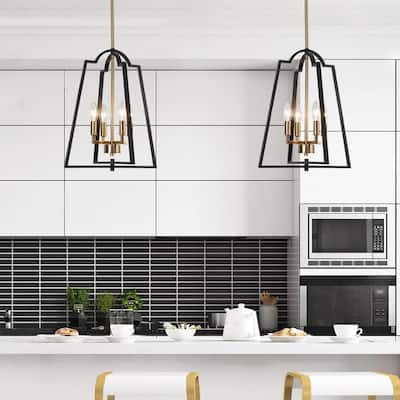Modern 4-Light Geometric Chandelier Black Gold Pendant Lights for Dining Room - 14" W x 17.5" H