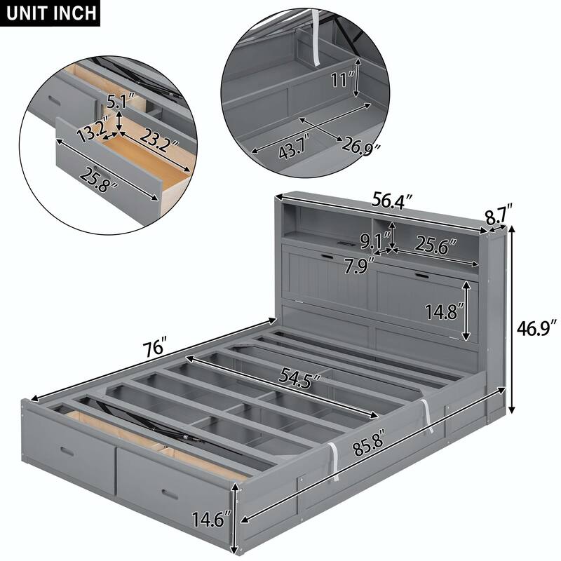 Wood Full Size Hydraulic Platform Bed with Storage LED Headboard
