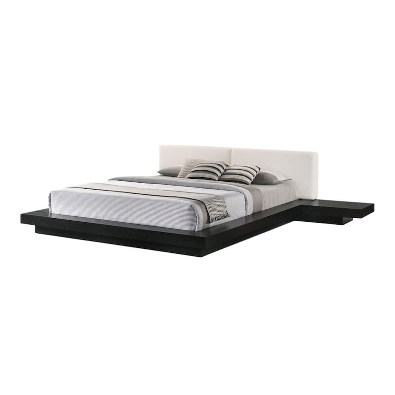 HomeRoots Black and White Wood And Faux Leather King Bed Frame With Attached Nightstands