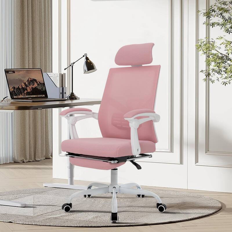 Ergonomic Mesh Office Chair with Adjustable Lumbar Support & Footrest - Pink