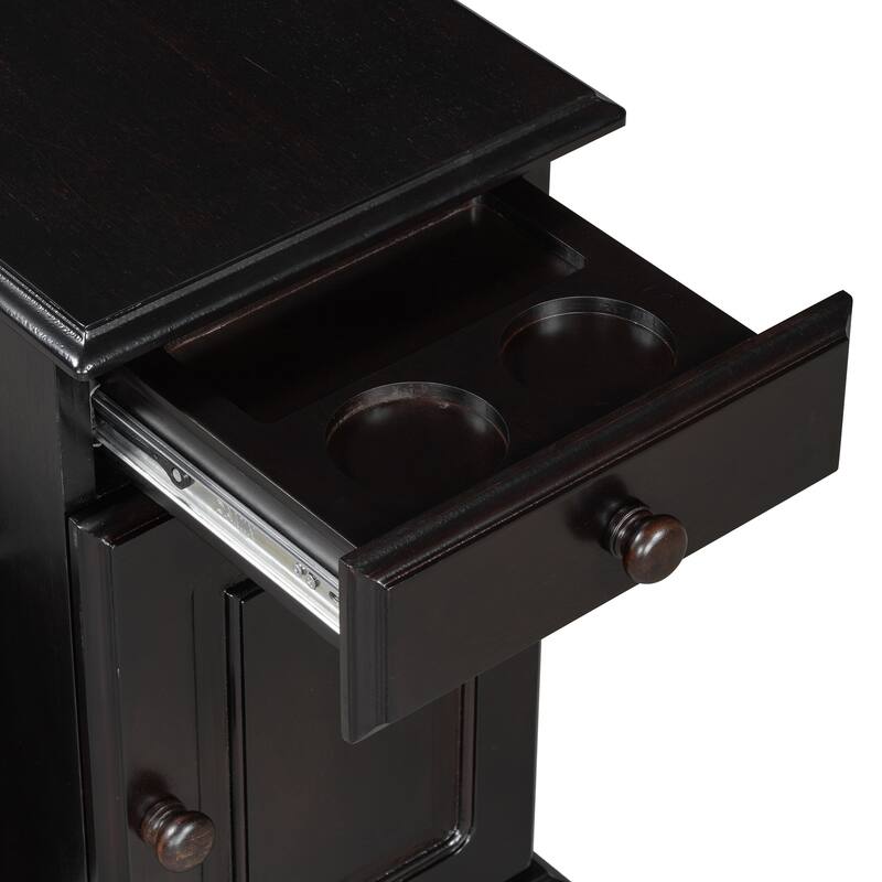 Vintage End Table with USB Ports and Multifunctional Drawer with Cup Holders