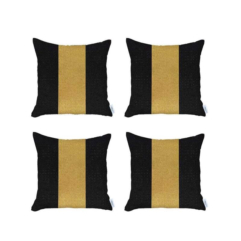 HomeRoots Set Of Four 18" X 18" Black And Yellow Geometric Zippered Handmade Polyester Throw Pillow