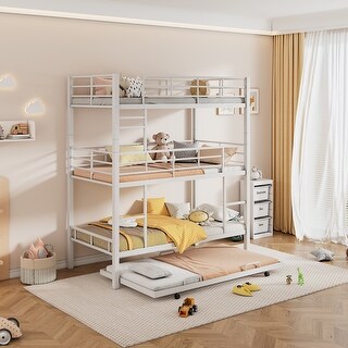 Twin Size Metal Triple Bunk Bed with Trundle, Convertible Triple Bunk Bed with Guard Rails for 4 Kids/Teen, No Box Spring Needed