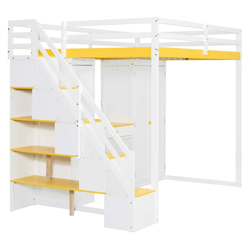Full Size Loft Bed with Storage Staircase, Built-in Dressing Table, Mirror & Wardrobe - USB Charging & Lights