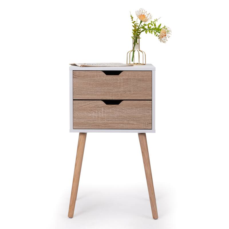Modern Nightstand with 2 Drawers, Solid Wood Legs, White Walnut Finish, 2pcs