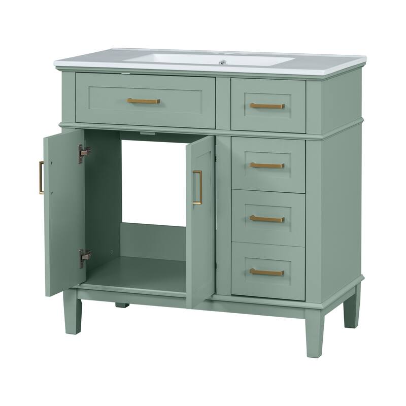 GDFStudio - Elysia Wood & Ceramic 36" Bathroom Vanity with Sink, Soft-Close Doors & 4 Drawers