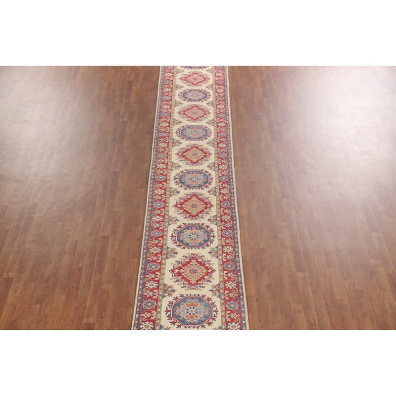 Geometric Beige Kazak Oriental Runner Rug Handmade Wool Carpet - 2'7" x 35'3"