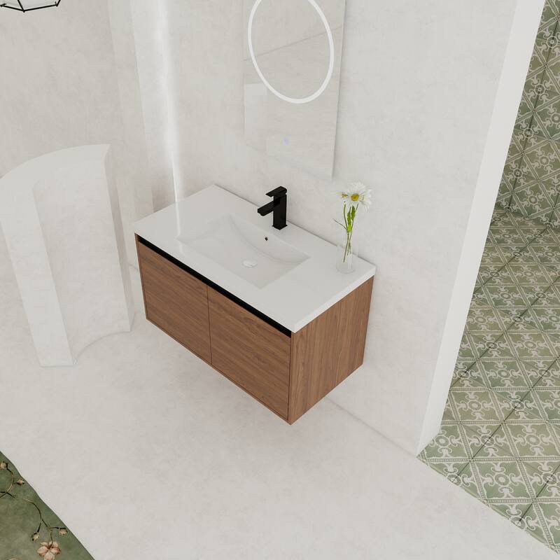 GDFStudio - Levistar Modern Wall-Mounted Bathroom Vanity Set with Scratch-Resistant Resin Sink & Soft Close Doors