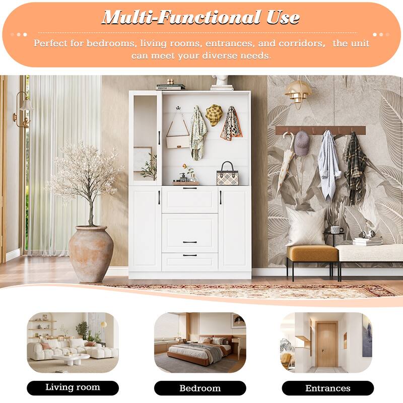 Wood Hall Tree with 4 Hooks, Entryway Bench with Integrated Shoe Cabinet Entryway Storage Cabinet with Mirrored Cabinet Door