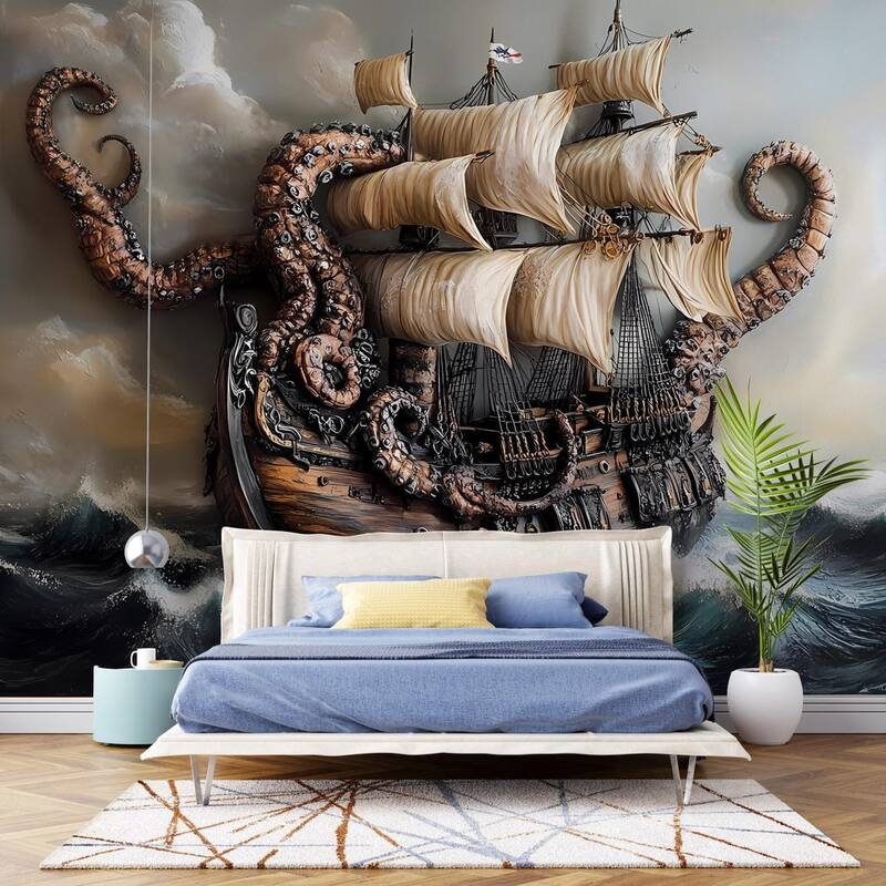 3D Kraken Pirate Ship Wallpaper Nautical Sea Monster Wallpaper - 8 x 10