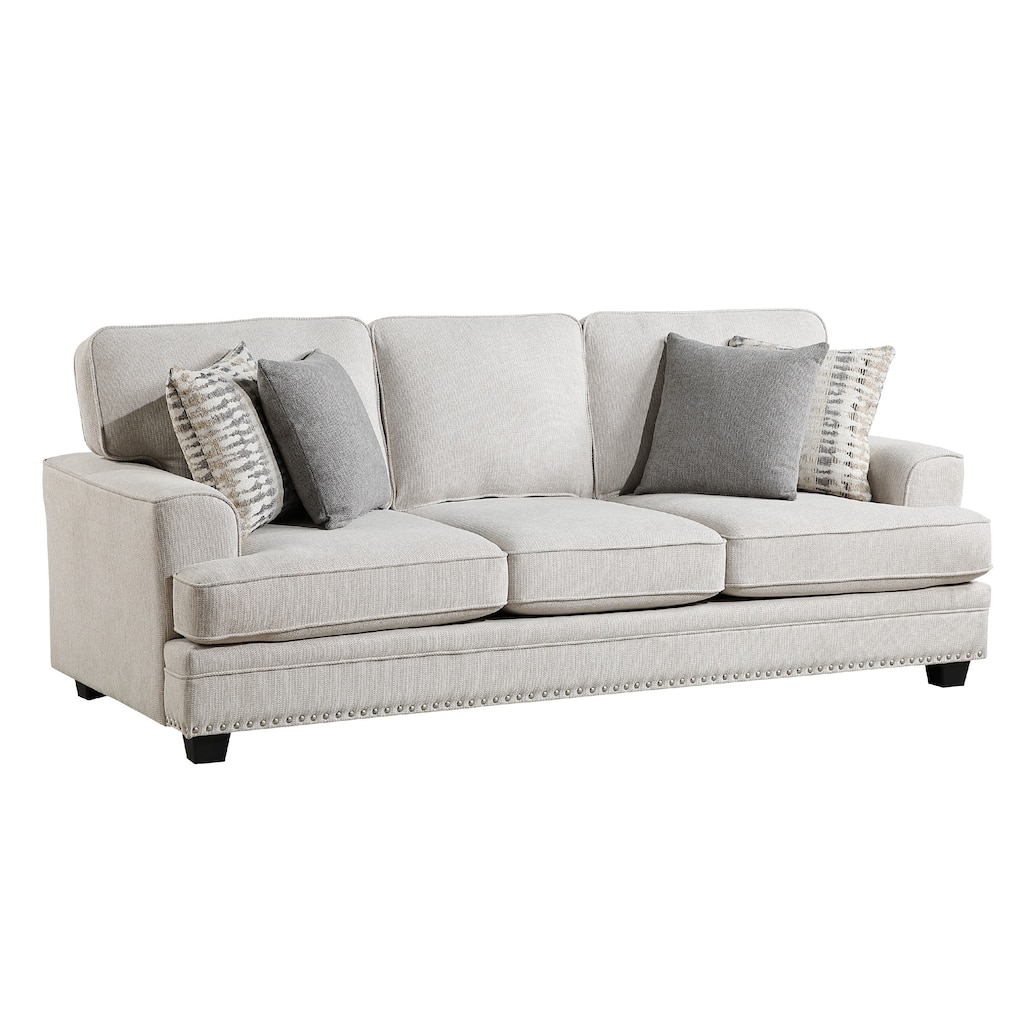 Brady Sofa with 4 Pillows, Sand Brown Chenille, Nailhead Trim, 92 Inch