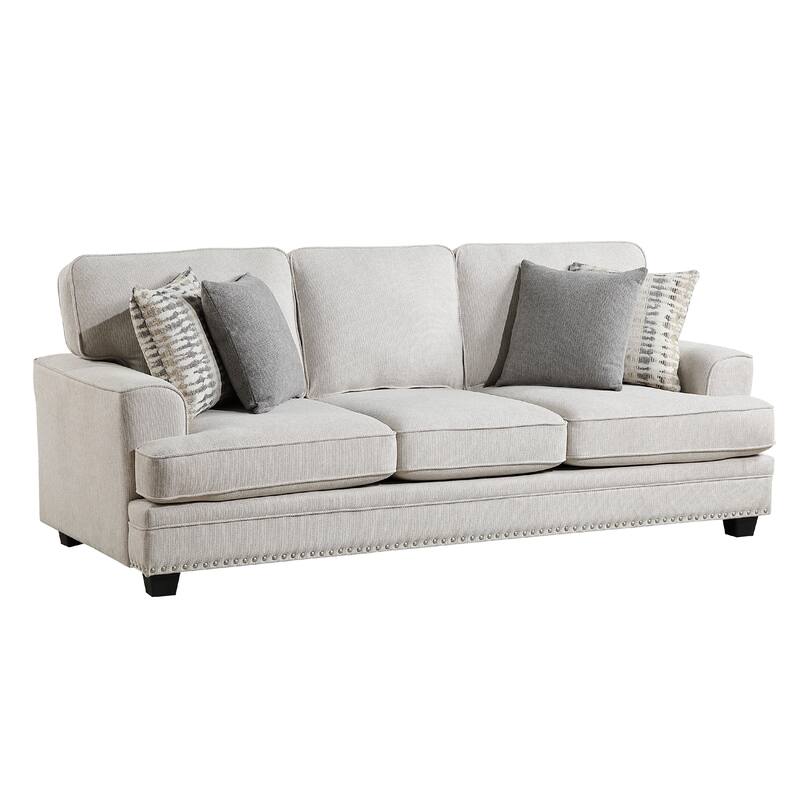 Brady Sofa with 4 Pillows, Sand Brown Chenille, Nailhead Trim, 92 Inch