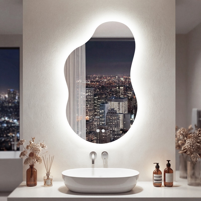 Irregular Frameless Backlit Bathroom Mirror, Asymmetrical Vanity Mirror, Anti-Fog, Dimmable, Memory