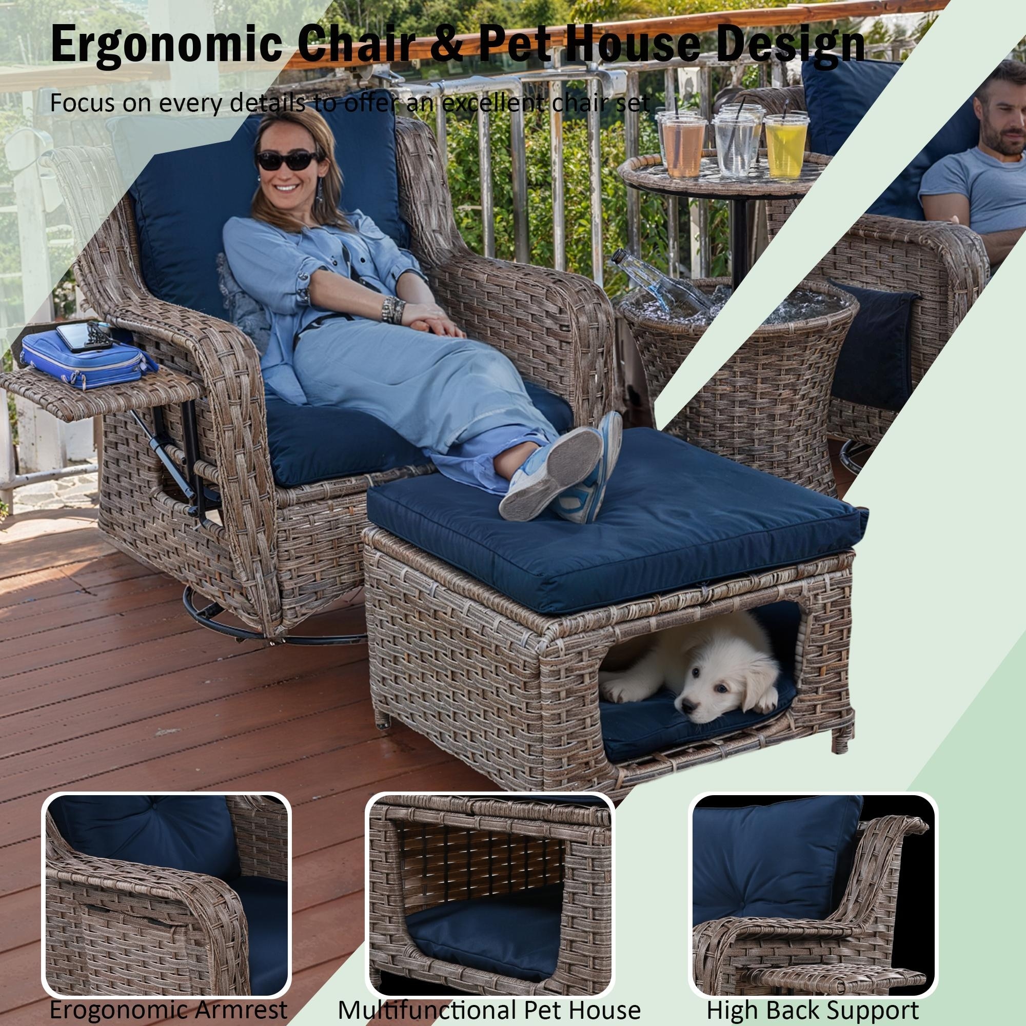 Outdoor Swivel Chair Set 5-Piece Navy Blue Rattan Wicker Patio