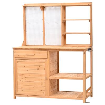 Fir Wood Potting Bench with Hutch, Garden Workstation for Planting, 4 Shelves & Adjustable Storage, Pegboard with Hooks