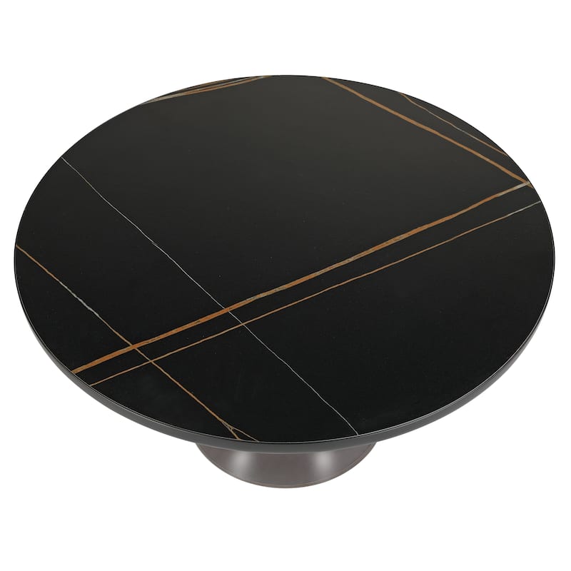 30-Inch Round Coffee Table Glass/Stone Tabletop with Black Iron Rim Frame Glass Pedestal Base