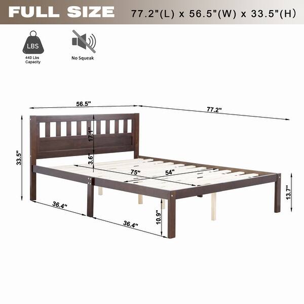 Full Size Dark Walnut Wood Bed Platform Frame with Headboard