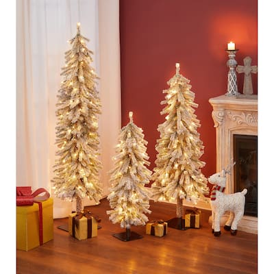 Pre-Lit LED Snow Flocked Fir Slim Artificial Christmas Trees (Set of 3)