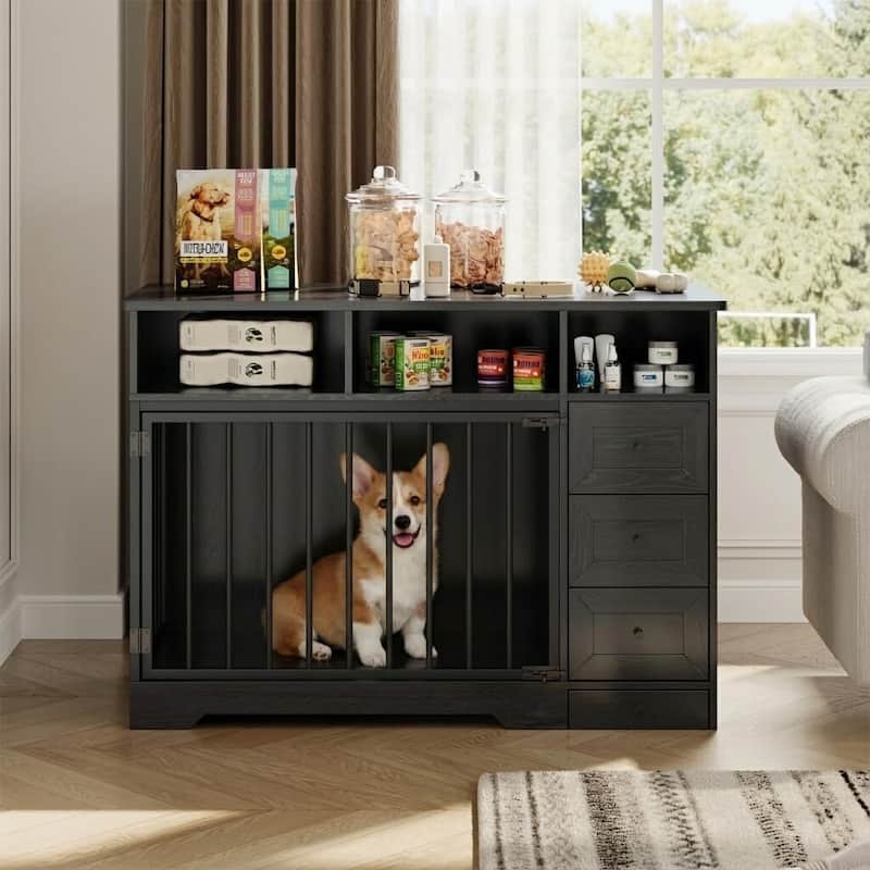 48 Inch Heavy-Duty Dog Crate Kennel for Small & Medium Dogs with Storage Shelves - Black