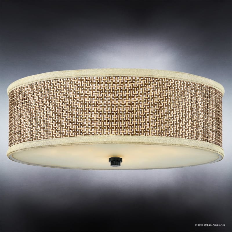 Luxury Craftsman Flush Mount Ceiling Light, 6.5"H x 17"W, with Asian Style, Natural Materials, Black Silk Finish