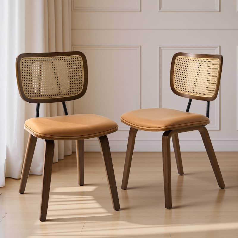 Faux Leather Upholstered Dining Chairs Set of 2/4 with Wood Legs - 32.3"H x 18.5"W x 21.8"D - Set of 2 - Brown-Rattan back