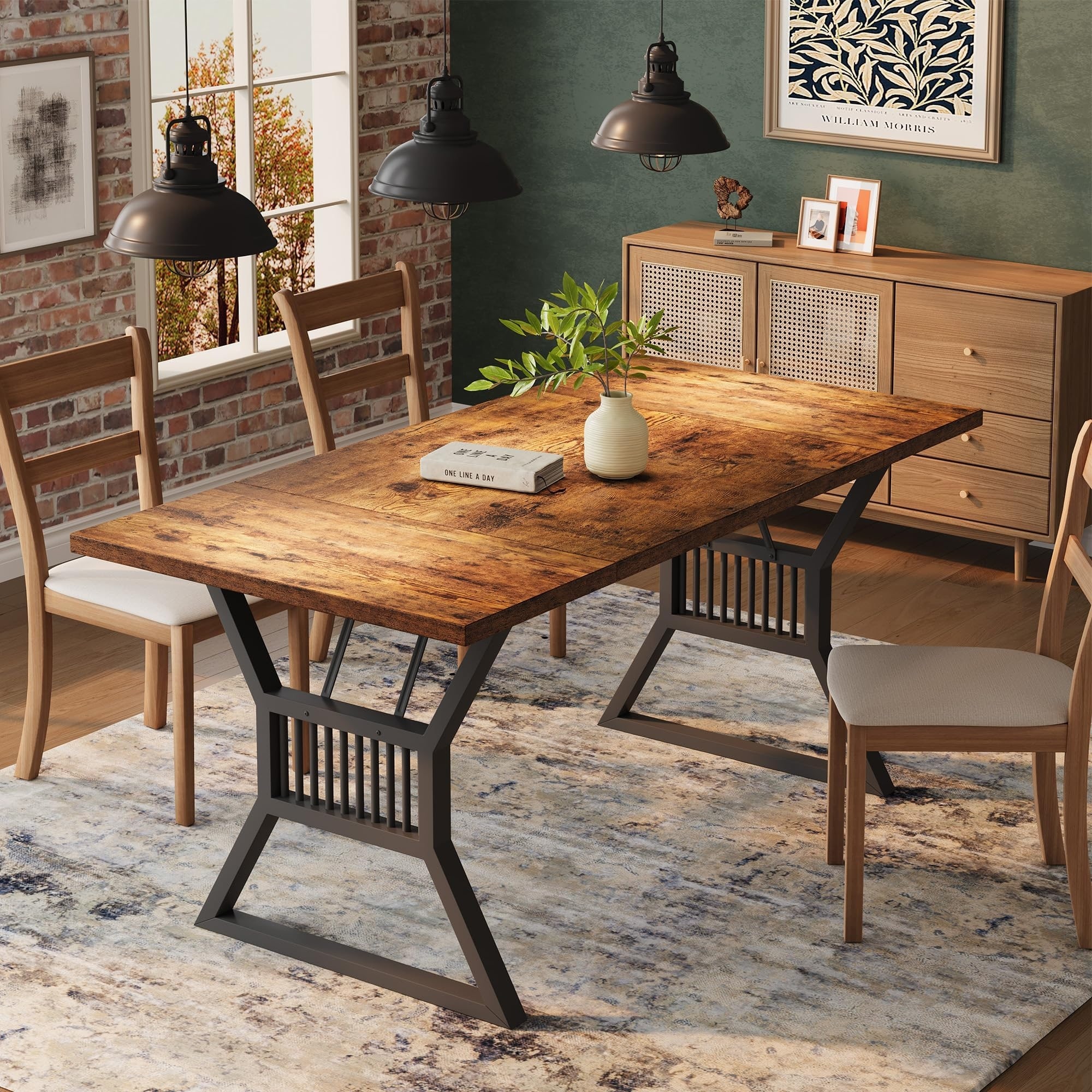 70.8 Inch Farmhouse Dining Table, Rustic Wood Look Tabletop, Heavy Duty Kitchen Table with Metal Legs, for Dining Room